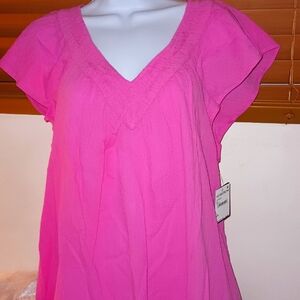 NWT women's lucky brand pink crinkled cotton short sleeve blouse top large